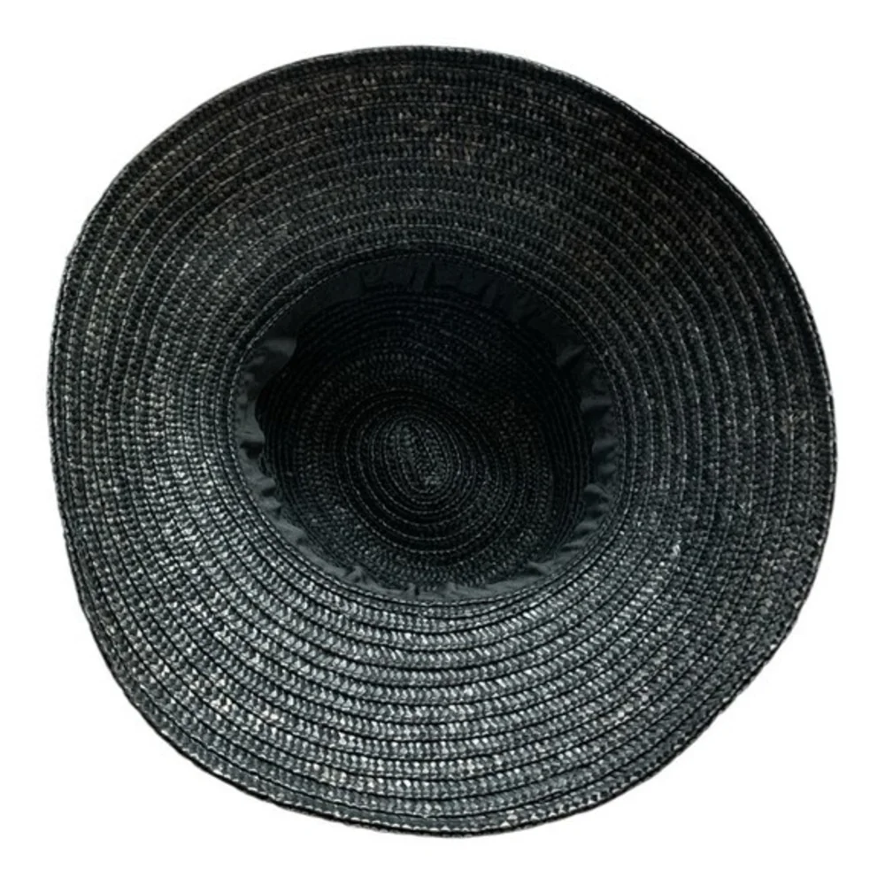 Vintage Black Purple Bow Wide Brim Sun Hat Woven Pleated Straw Beach Hat VG